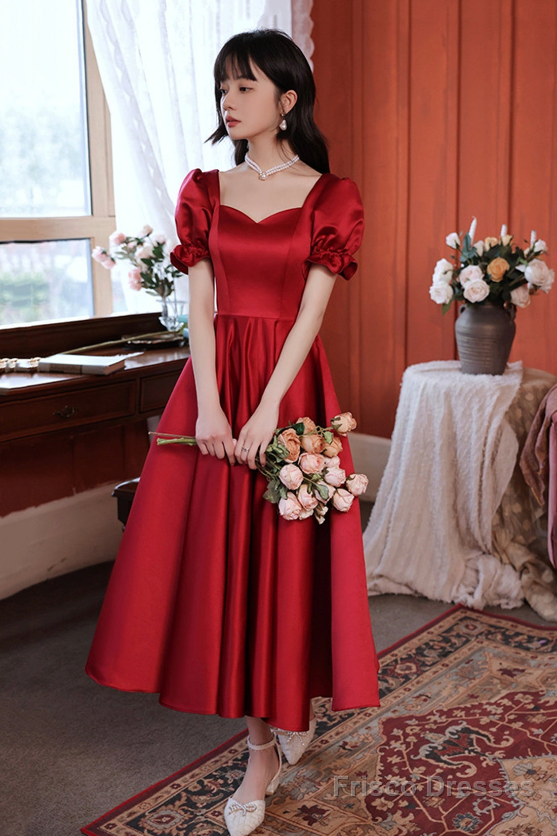 Burgundy Satin Short Prom Dress, Cute A-Line Evening Party Dress Main image