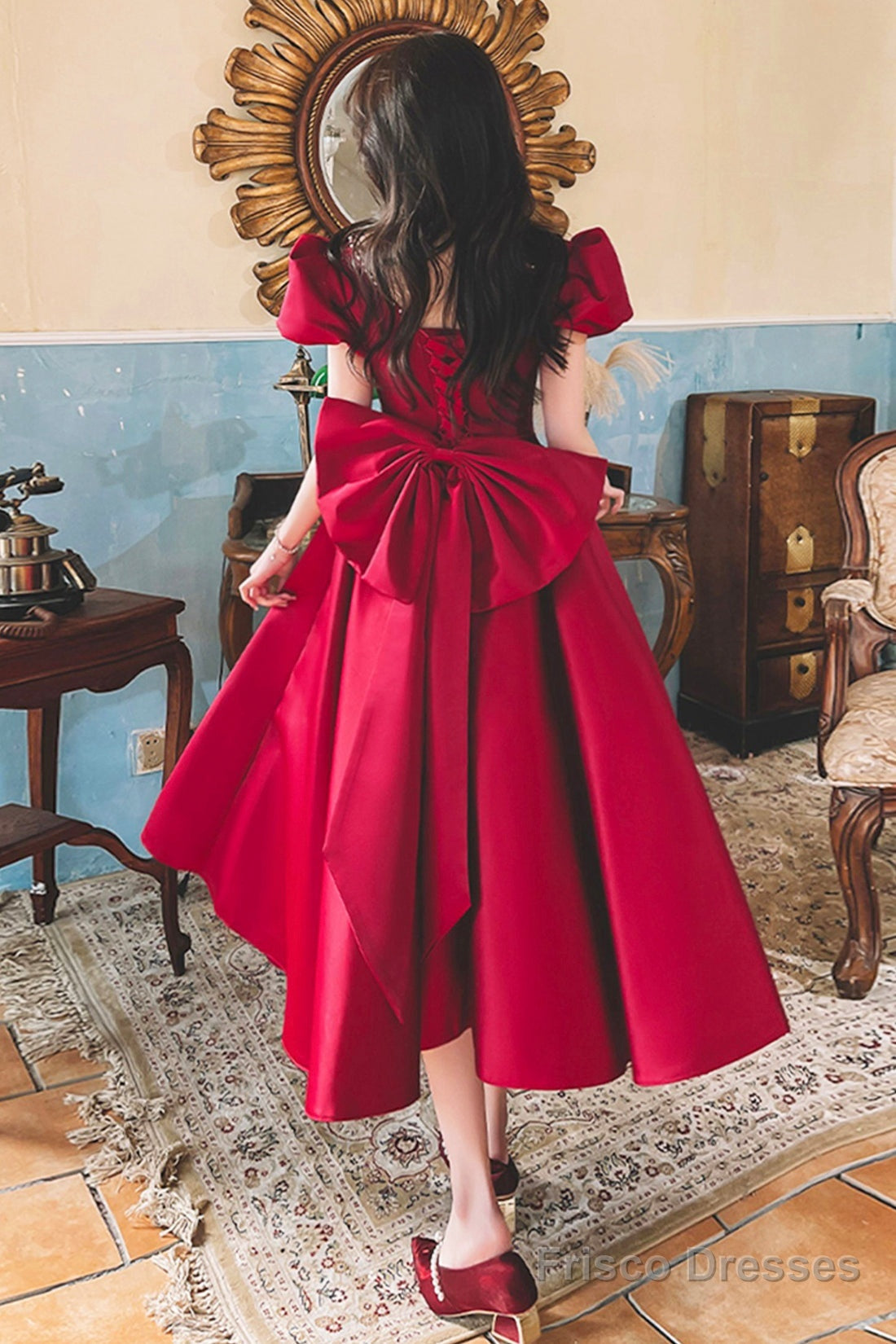 Burgundy Satin Short Prom Dress With Bow, Cute Short Sleeve Evening Party Dress Secondary image