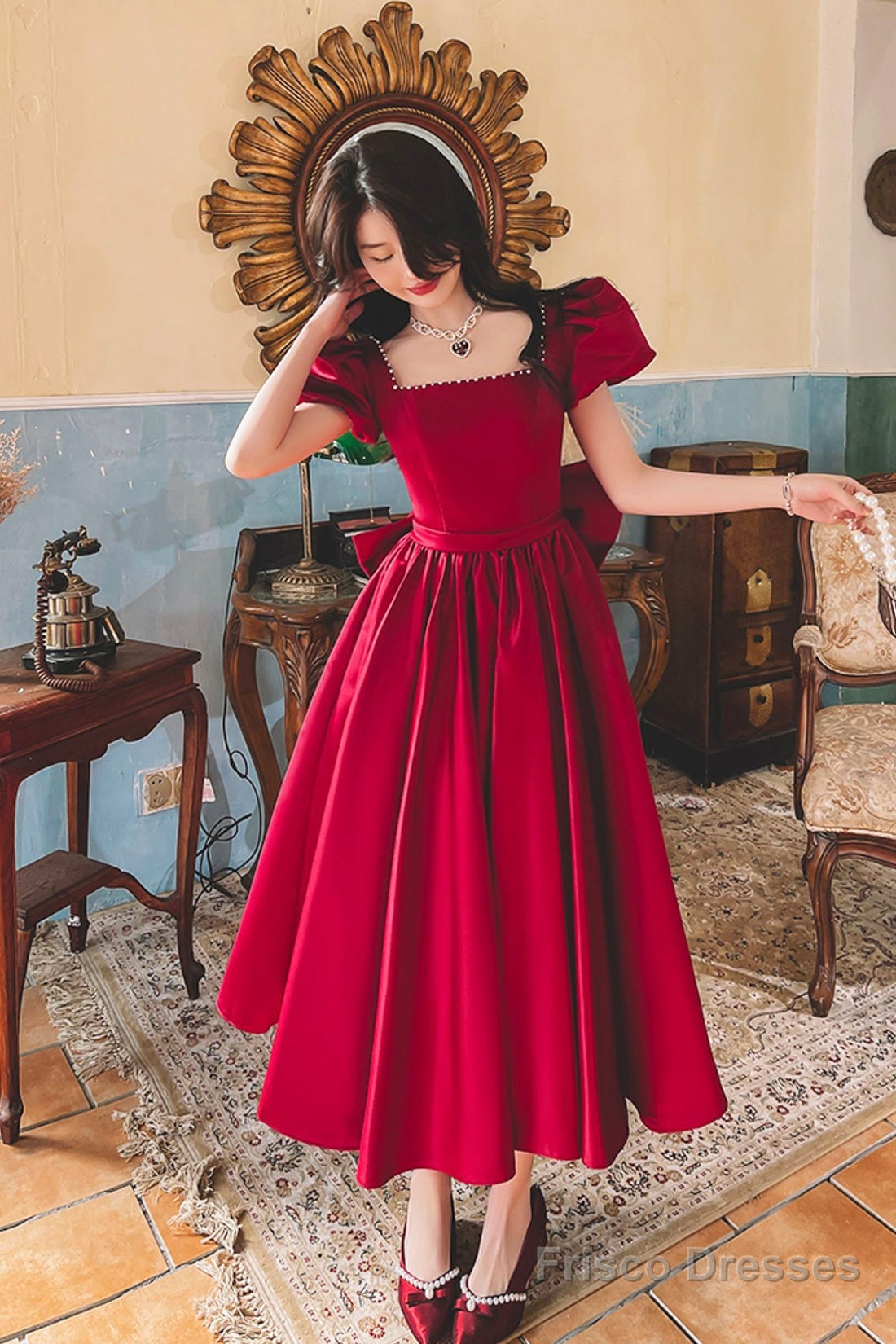 Burgundy Satin Short Prom Dress With Bow, Cute Short Sleeve Evening Party Dress Main image