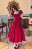 Burgundy Satin Short Prom Dress With Bow, Cute Short Sleeve Evening Party Dress