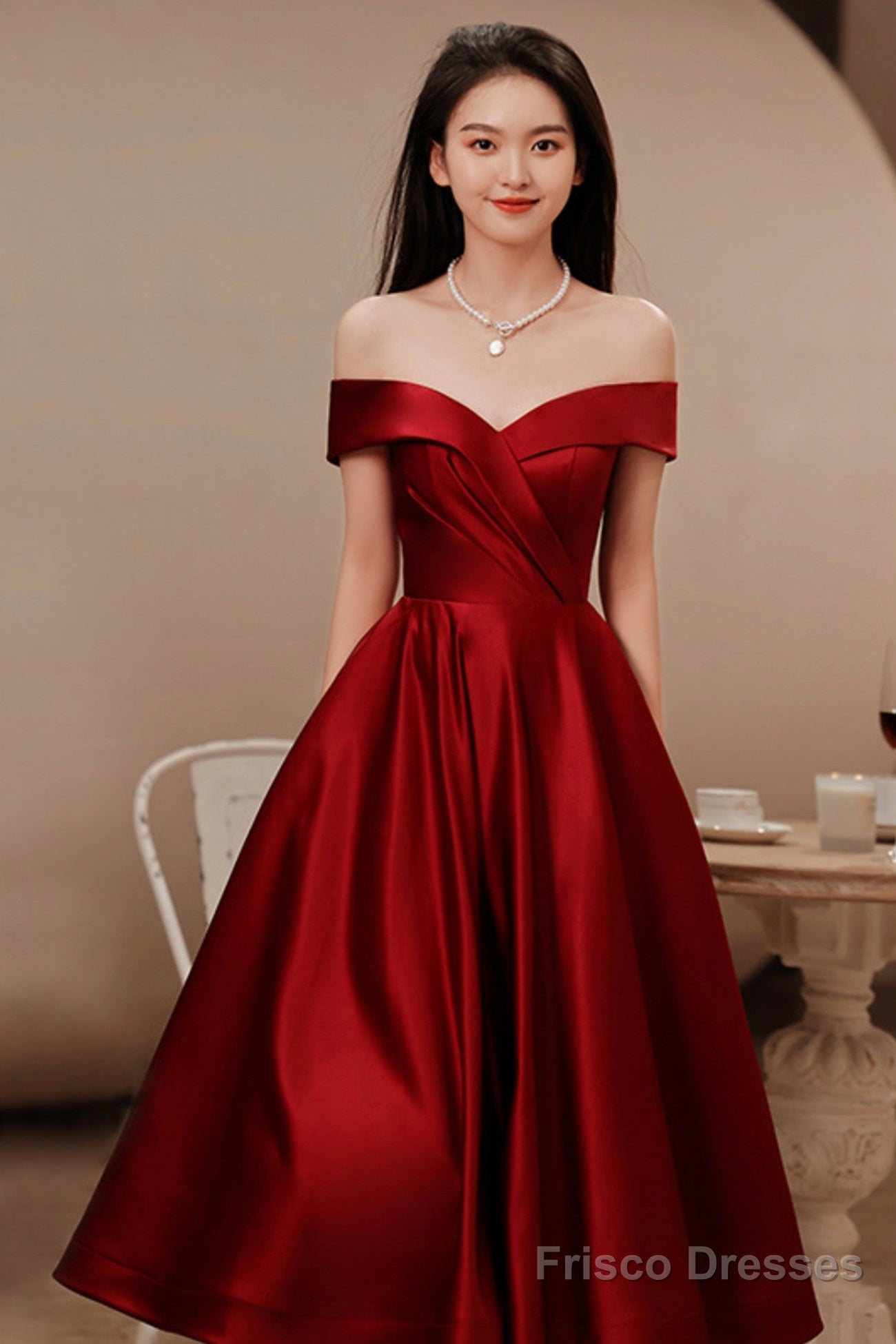 Burgundy Satin Short Prom Dresses, Off The Shoulder Evening Dresses Secondary image