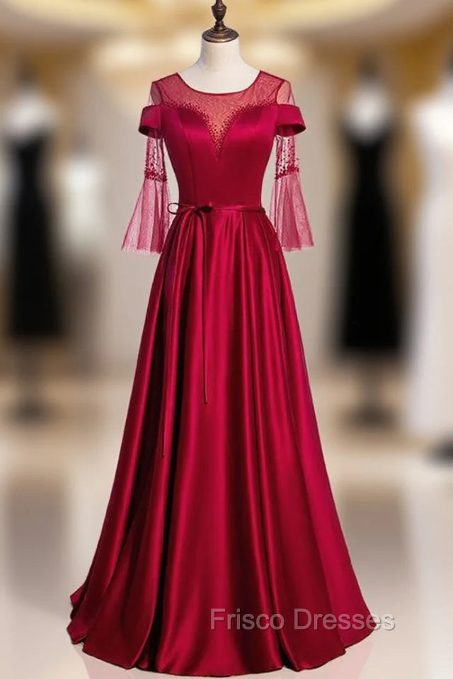 Burgundy Satin Short Sleeve Beading Backless Formal Prom Dress Main image