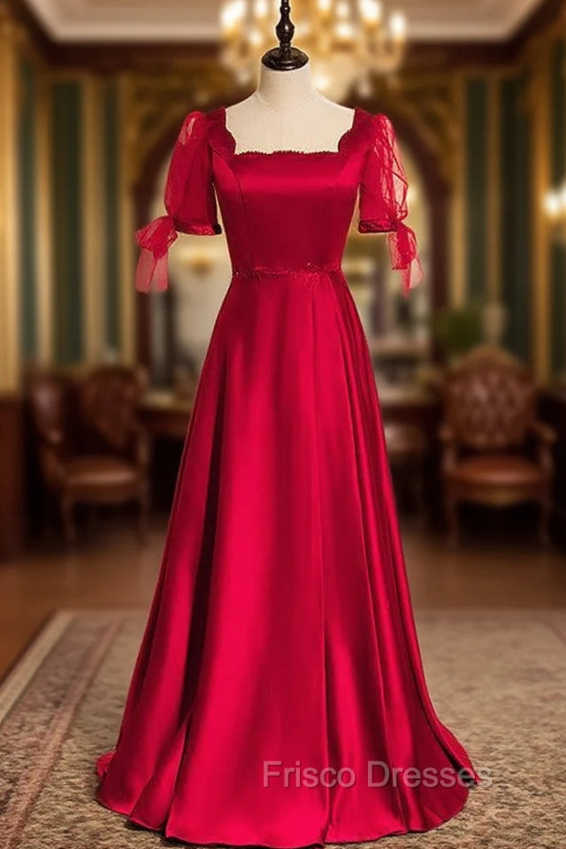 Burgundy Satin Short Sleeve Beading Formal Prom Dress