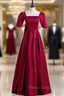 Burgundy Satin Short Sleeve Bow Formal Prom Dress