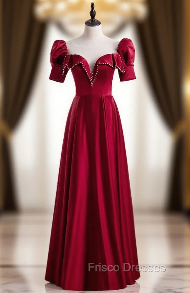 Burgundy Satin Short Sleeve Pearls Formal Prom Dress Main image