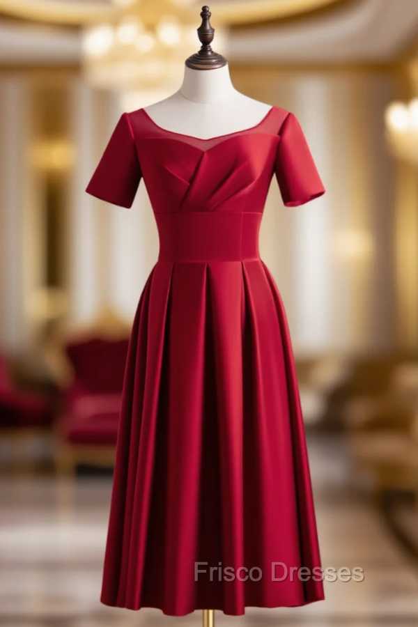 Burgundy Satin Short Sleeve Pleats Backless Short Formal Prom Dress