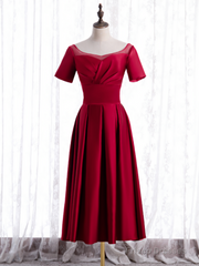 Burgundy Satin Short Sleeve Pleats Backless Short Prom Dress