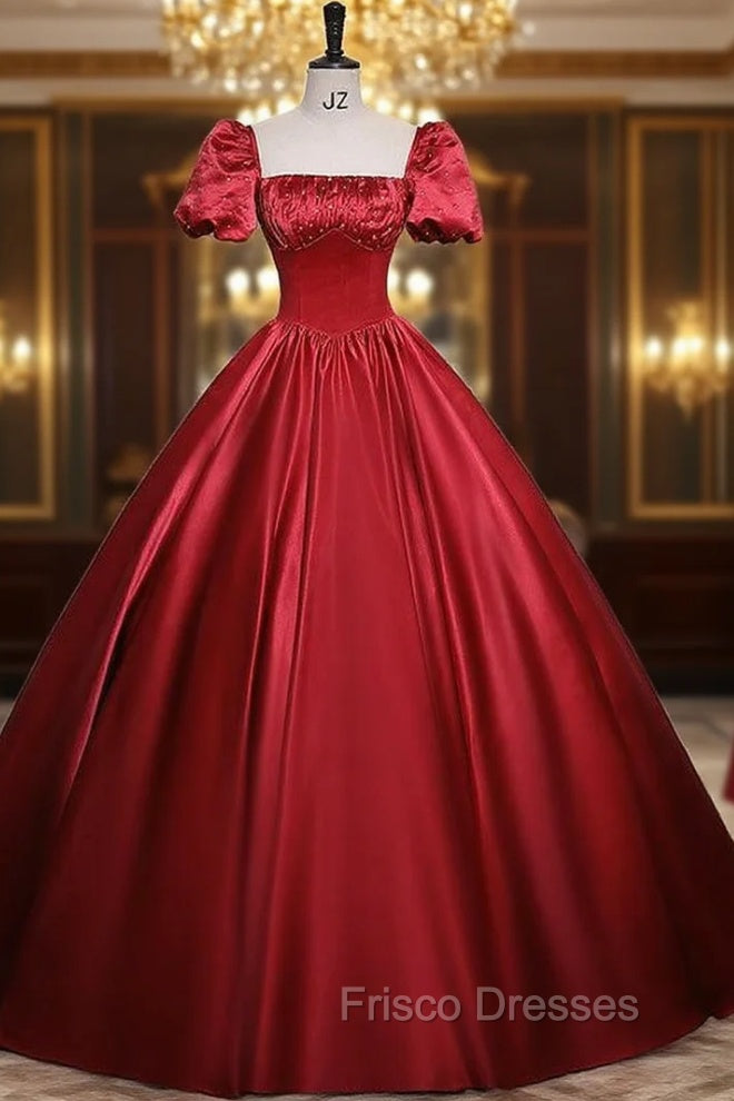 Burgundy Satin Short Sleeve Pleats Formal Prom Dress Main image