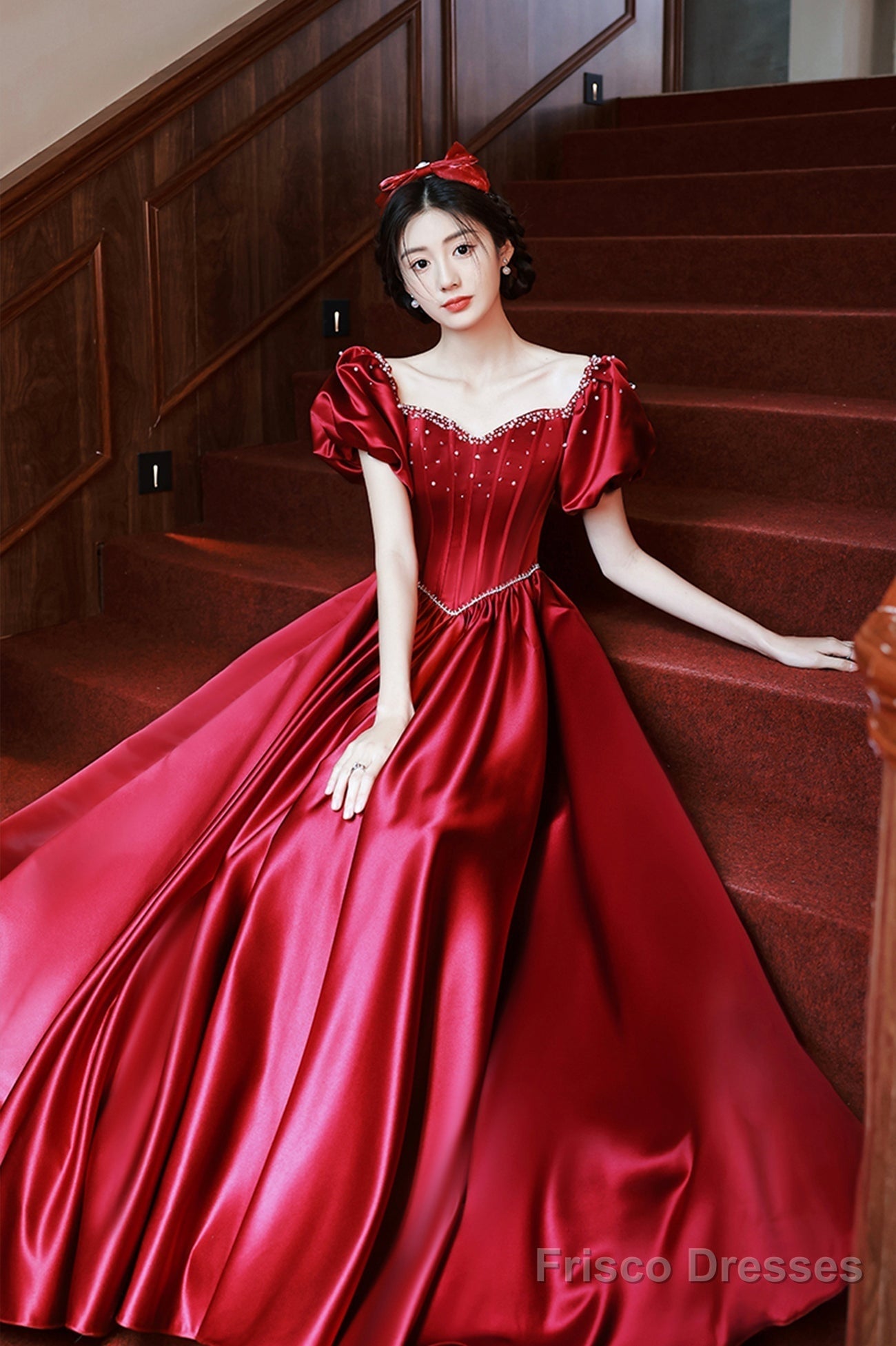 Burgundy Satin Short Sleeve Prom Dress, A-Line Graduation Dress