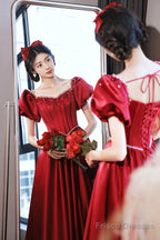 Burgundy Satin Short Sleeve Prom Dress, A-Line Graduation Dress