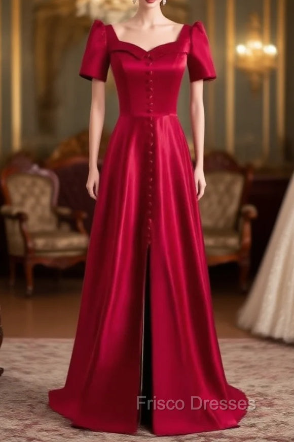 Burgundy Satin Short Sleeve Formal Prom Dress With Split Main image