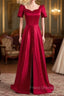 Burgundy Satin Short Sleeve Formal Prom Dress With Split