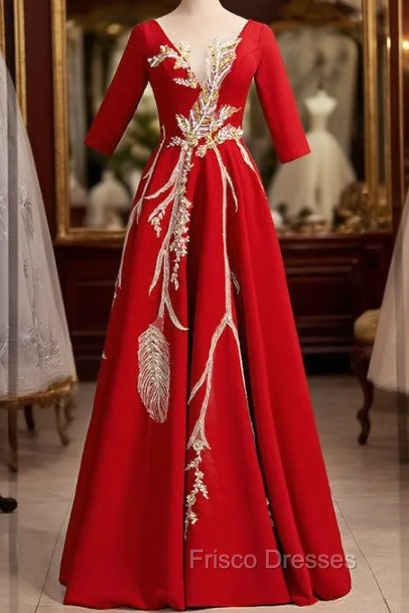 Burgundy Satin Short Sleeve Sequins Appliques Formal Prom Dress