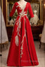Burgundy Satin Short Sleeve Sequins Appliques Formal Prom Dress
