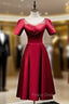 Burgundy Satin Short Sleeve Tea Length Formal Prom Dress