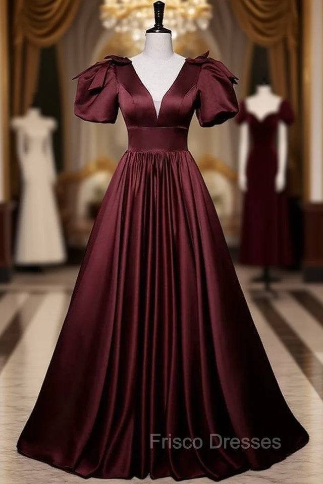 Burgundy Satin Short Sleeve V-neck Formal Prom Dress