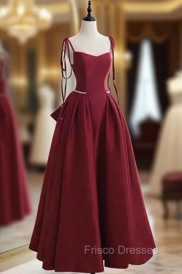 Burgundy Satin Spaghetti Straps Bow Formal Prom Dress Main image