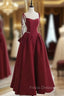 Burgundy Satin Spaghetti Straps Bow Formal Prom Dress