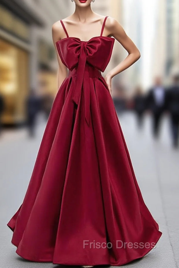 Burgundy Satin Spaghetti Straps Formal Prom Dress With Bow