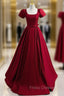 Burgundy Satin Square Beading Short Sleeve Formal Prom Dress