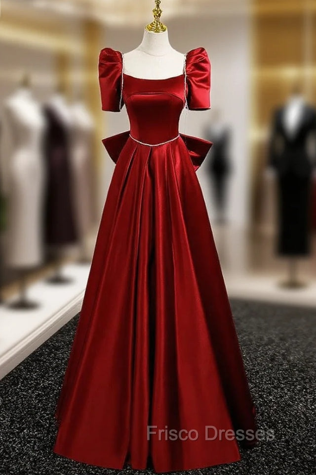 Burgundy Satin Square Neck Short Sleeve Bow Formal Prom Dress