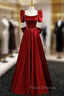 Burgundy Satin Square Neck Short Sleeve Bow Formal Prom Dress