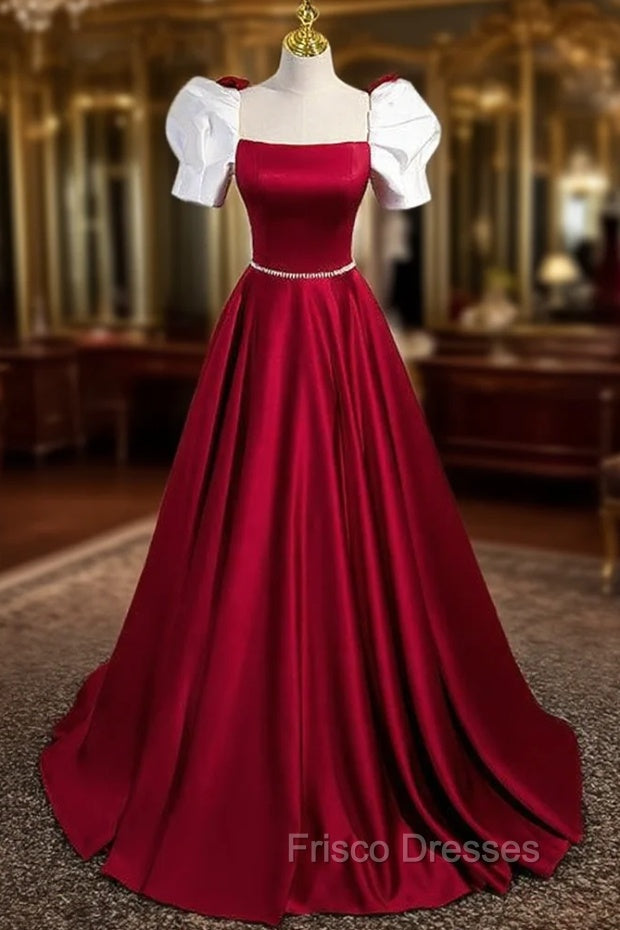 Burgundy Satin Square Neck Short Sleeve Formal Prom Dress Main image