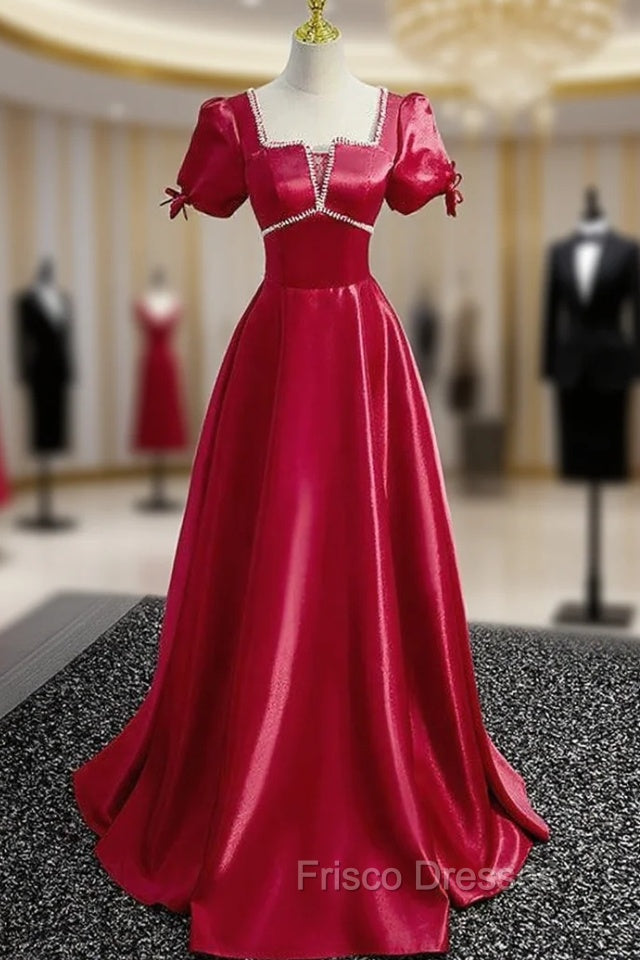Burgundy Satin Square Puff Sleeve Beading Formal Prom Dress Main image