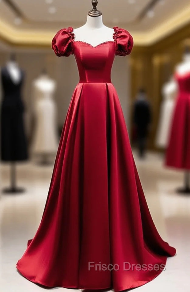 Burgundy Satin Square Puff Sleeve Beding Formal Prom Dress