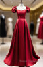Burgundy Satin Square Puff Sleeve Beding Formal Prom Dress