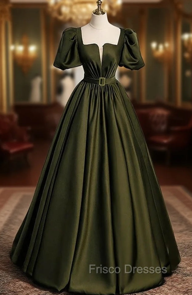 Burgundy Satin Square Puff Sleeve Pleats Formal Prom Dress Main image