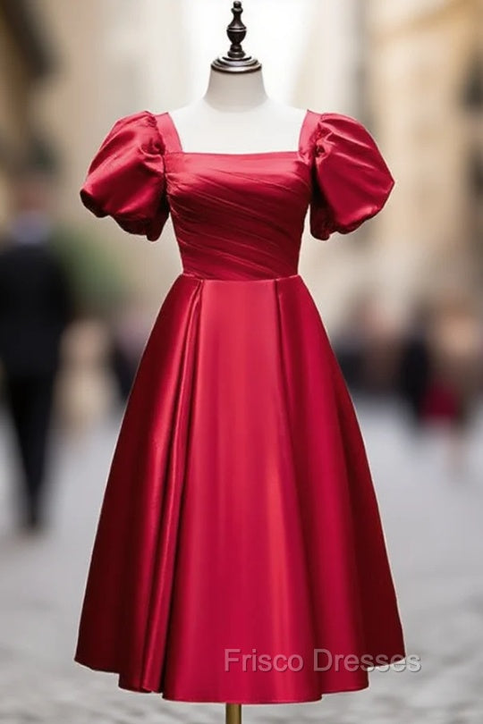 Burgundy Satin Square Puff Sleeve Formal Prom Dress Main image