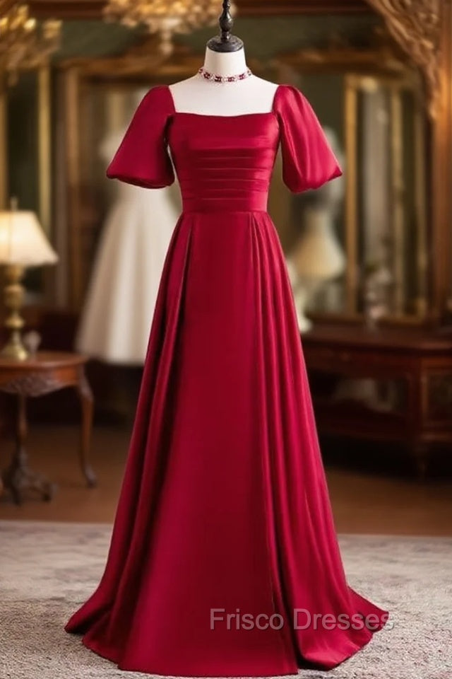 Burgundy Satin Square Short Sleeve Formal Prom Dress