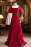 Burgundy Satin Square Short Sleeve Formal Prom Dress