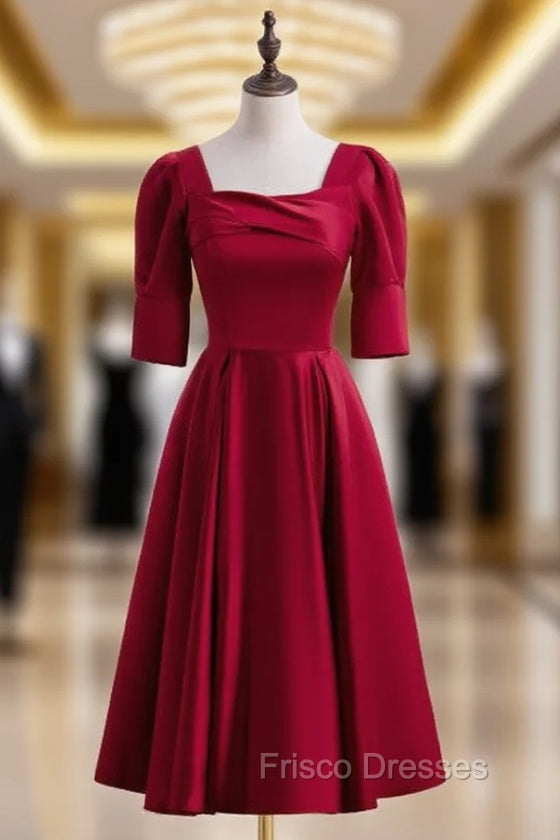 Burgundy Satin Square Short Sleeve Tea Length Formal Prom Dress Main image