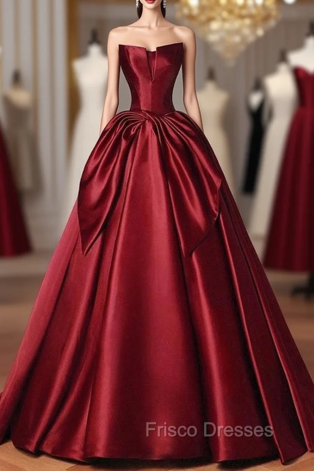 Burgundy Satin Strapless Bow Formal Prom Dress Main image