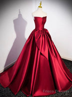 Burgundy Satin Strapless Long Prom Dress, Beautiful A-Line Evening Party Dress