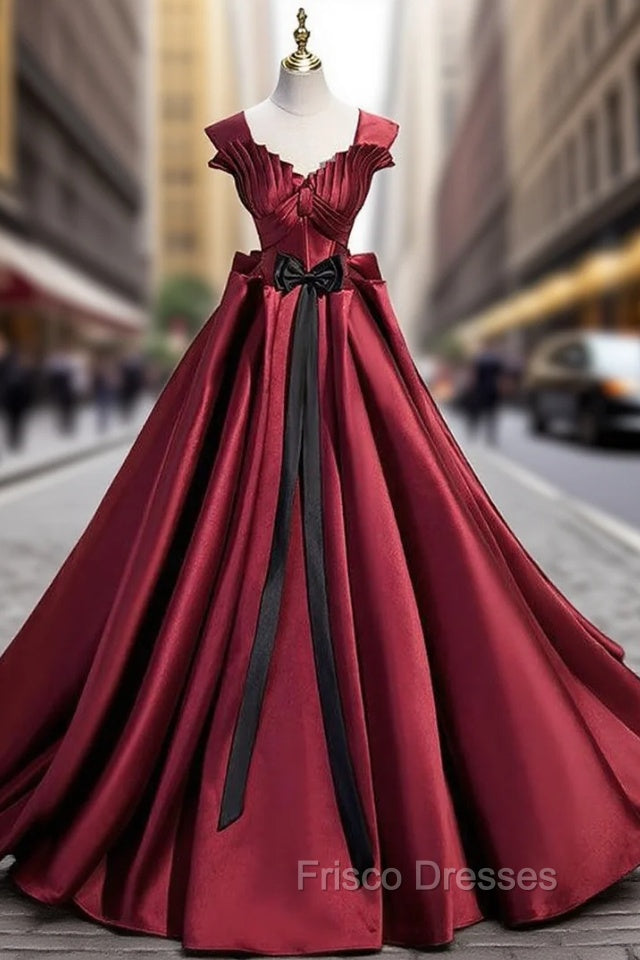 Burgundy Satin Strapls Pleats Formal Prom Dress With Bow
