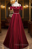 Burgundy Satin Straps Bow Formal Prom Dress