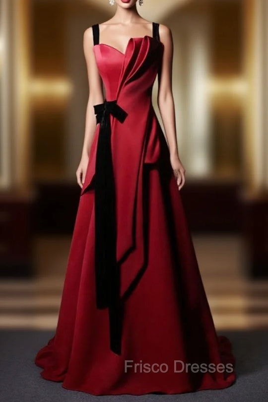 Burgundy Satin Straps Pleats Black Velvet Formal Prom Dress Main image