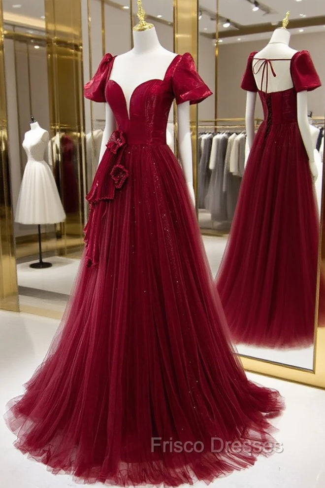 Burgundy Satin Tulle Long Formal Prom Dress, A-Line Short Sleeve Evening Party Dress Secondary image
