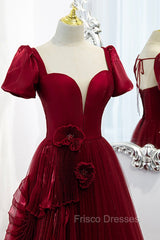Burgundy Satin Tulle Long Formal Prom Dress, A-Line Short Sleeve Evening Party Dress