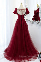 Burgundy Satin Tulle Long Formal Prom Dress, A-Line Short Sleeve Evening Party Dress