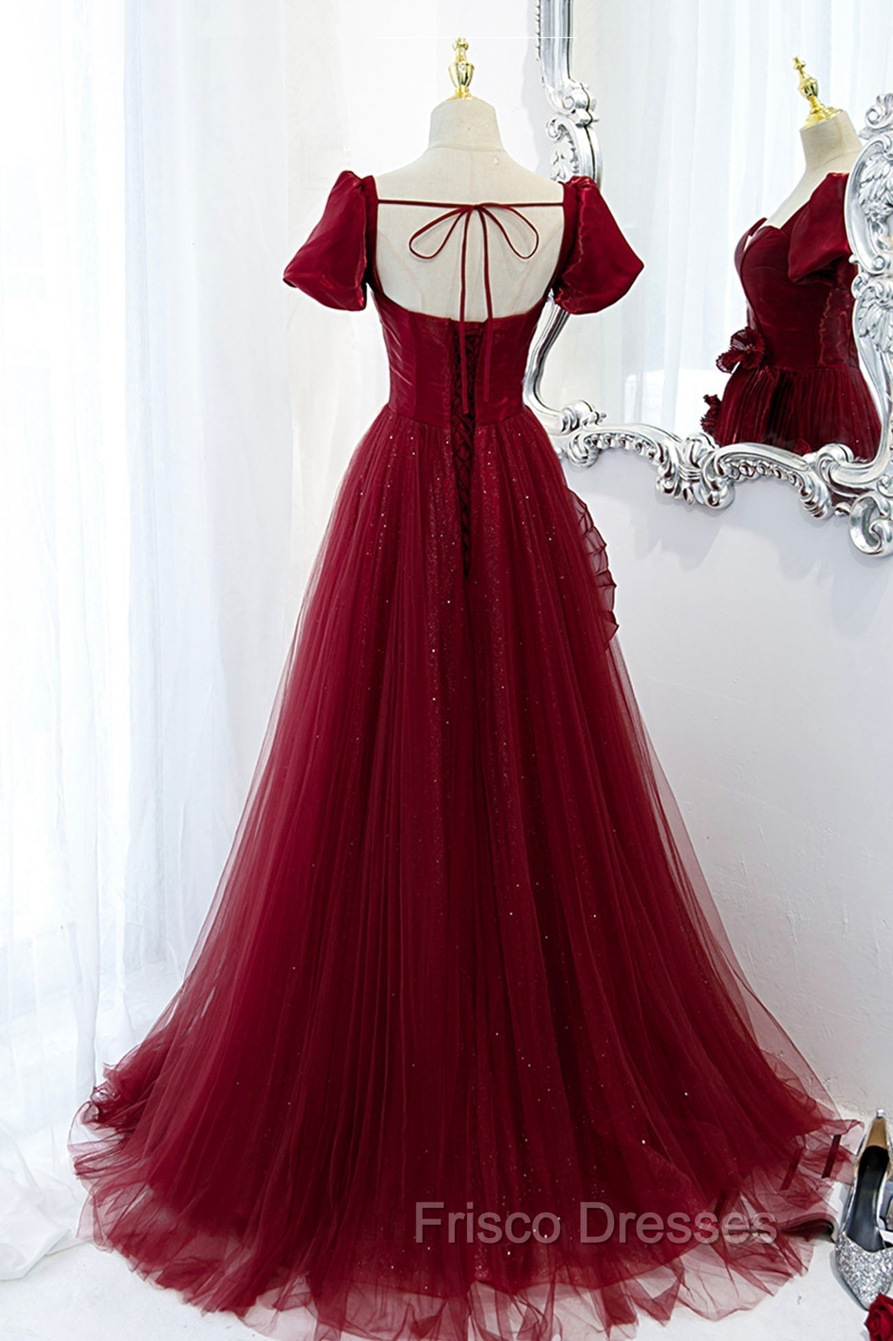 Burgundy Satin Tulle Long Formal Prom Dress, A-Line Short Sleeve Evening Party Dress