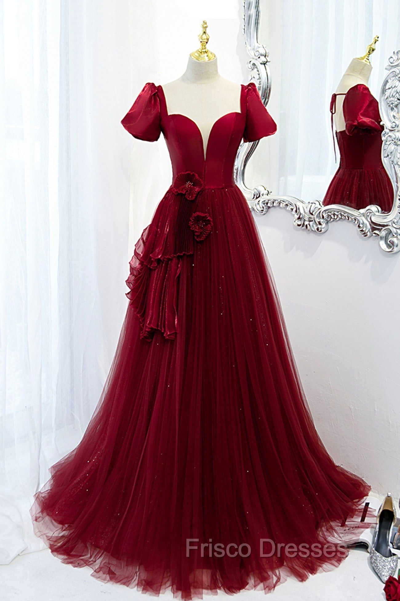 Burgundy Satin Tulle Long Formal Prom Dress, A-Line Short Sleeve Evening Party Dress Main image