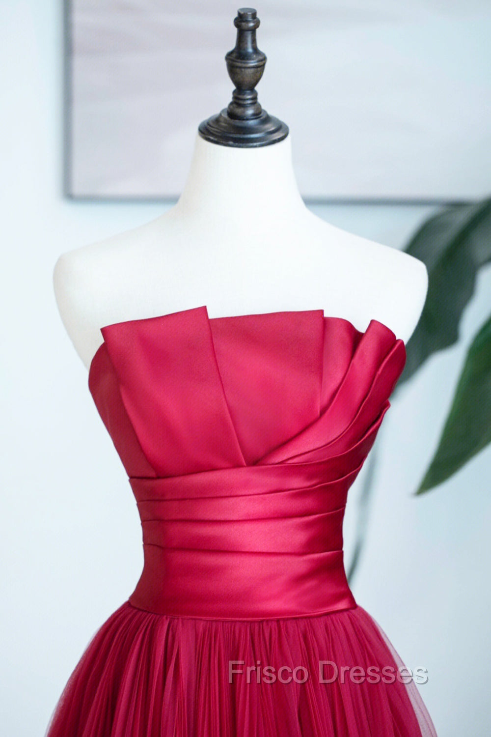 Burgundy Satin Tulle Long Formal Prom Dress, A-Line Strapless Evening Dress Secondary image