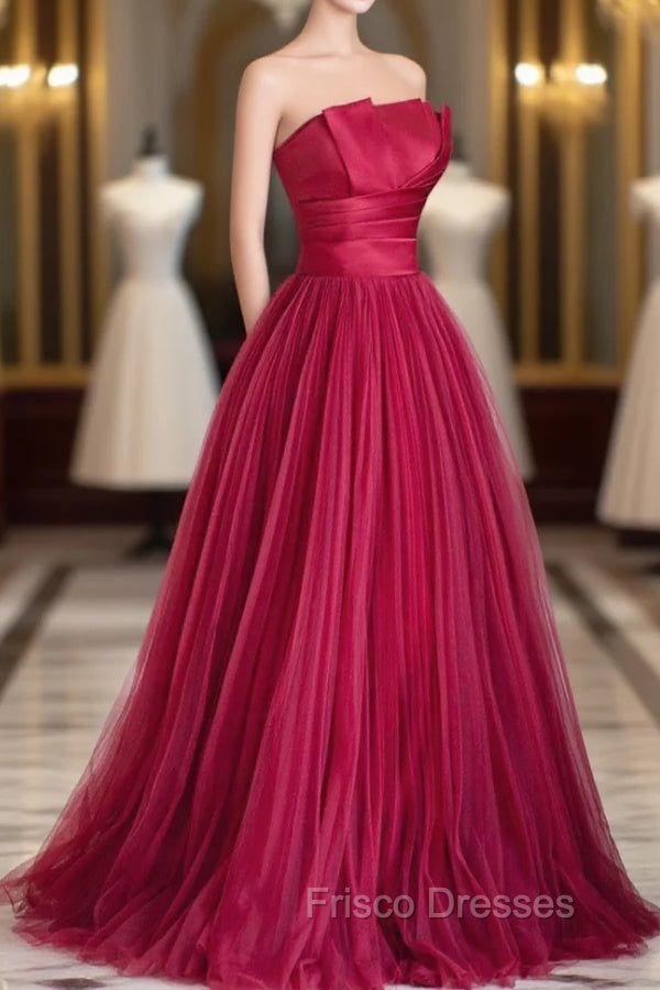 Burgundy Satin Tulle Long Formal Prom Dress, A-Line Strapless Evening Dress