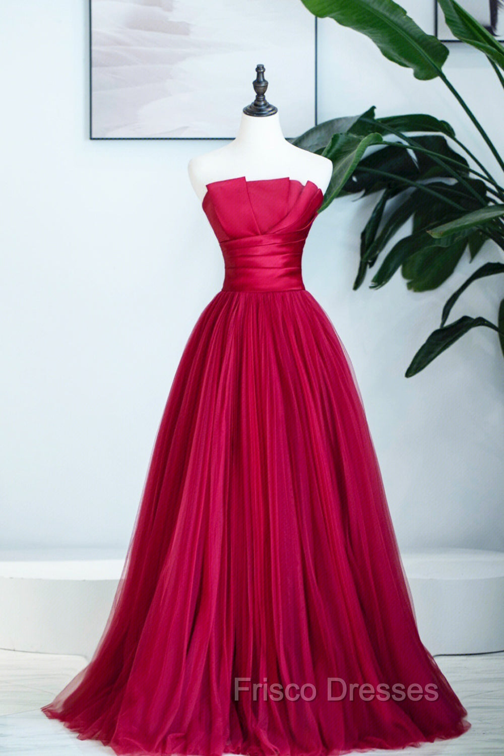 Burgundy Satin Tulle Long Formal Prom Dress, A-Line Strapless Evening Dress Main image