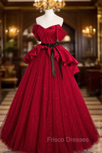 Burgundy Satin Tulle Long Formal Prom Dress, Off Shoulder Evening Dress