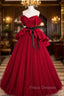 Burgundy Satin Tulle Long Formal Prom Dress, Off Shoulder Evening Dress